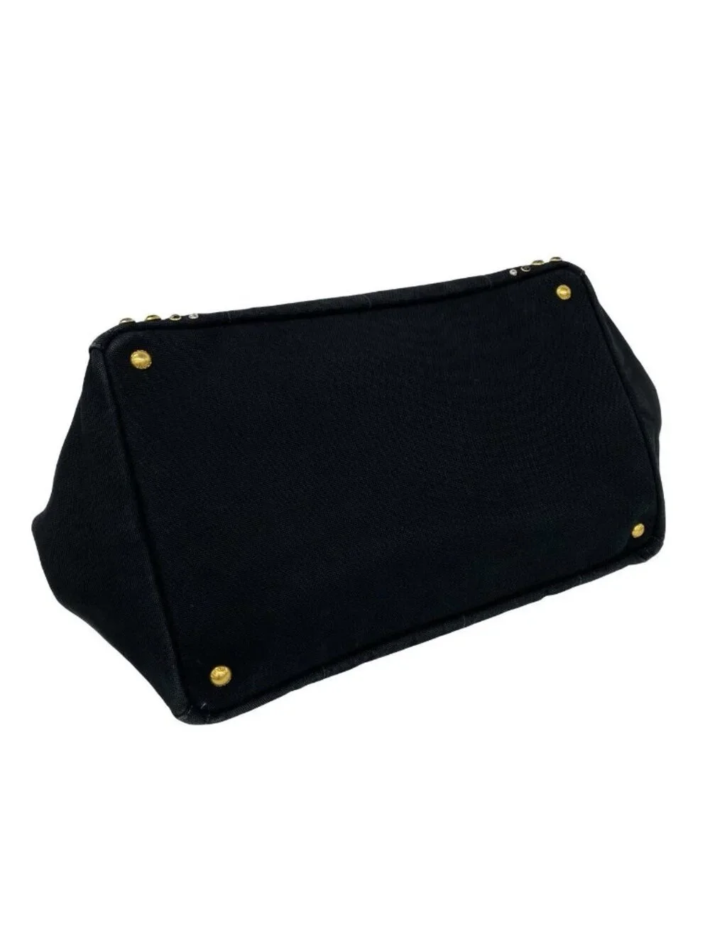 Prada Canapa Triangle Logo Canvas Saffiano Leather Studs Tote Handbag Black